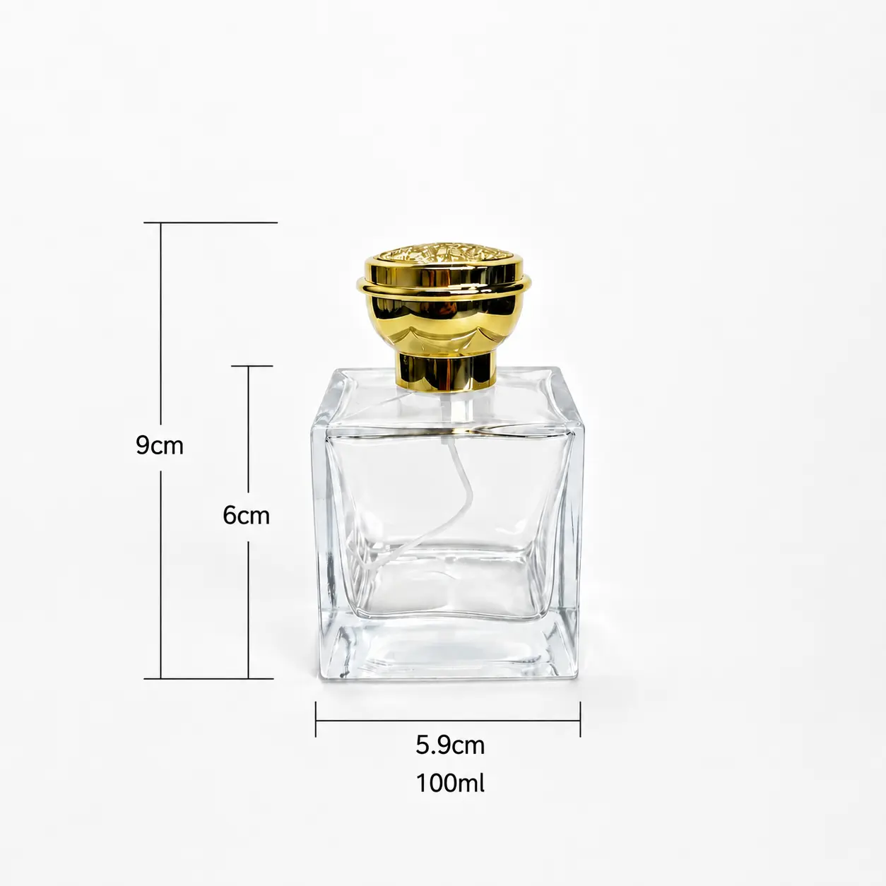 100ml Square Heavy Base Perfume Bottle Dimensions and Capacity 100ml square heavy base perfume bottle dimensions showing 59 by 59 mm body size and overall height with cap