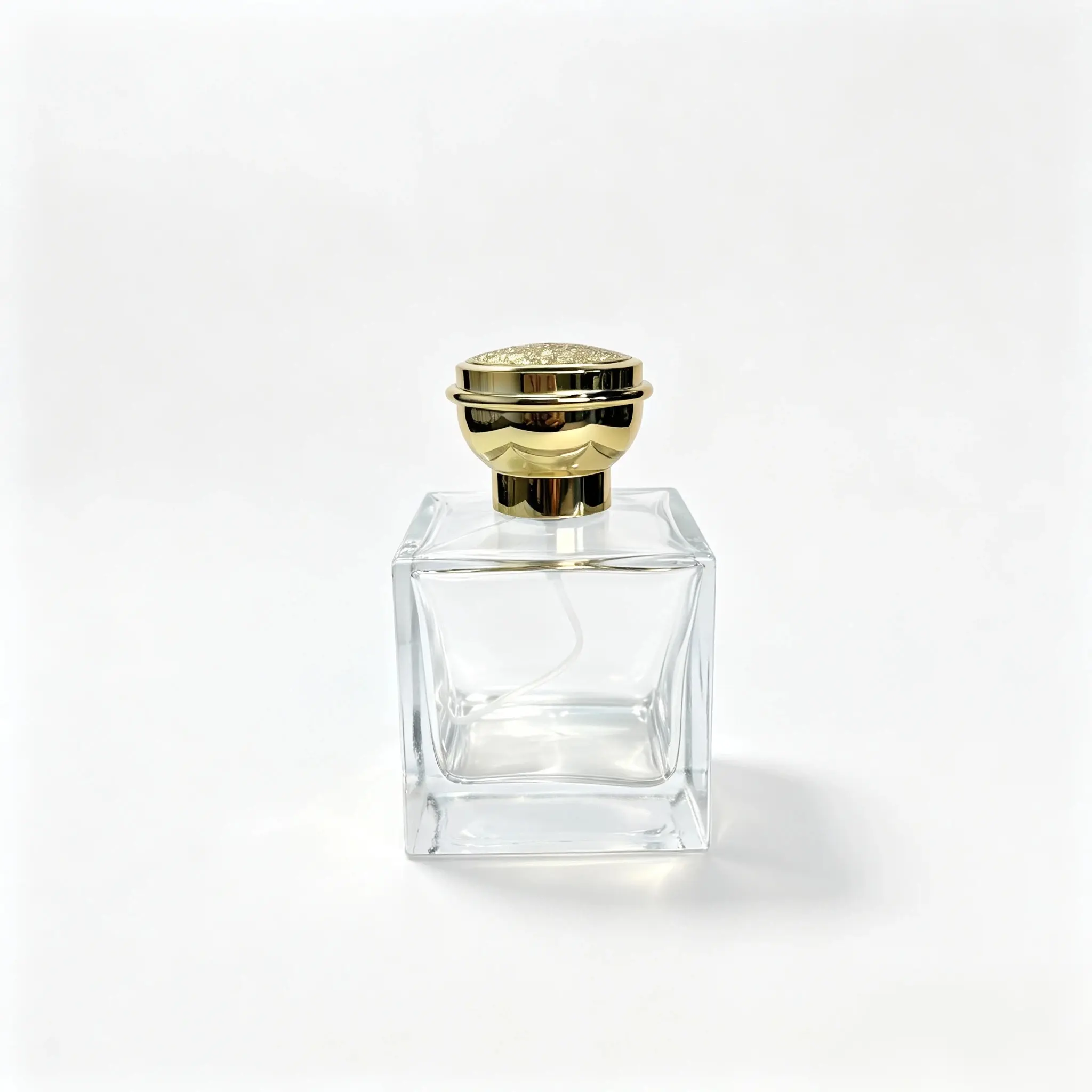 100ml Square Heavy Base Perfume Bottle Front View 100ml square heavy base perfume bottle shown in complete front view with crimp sprayer and outer cap