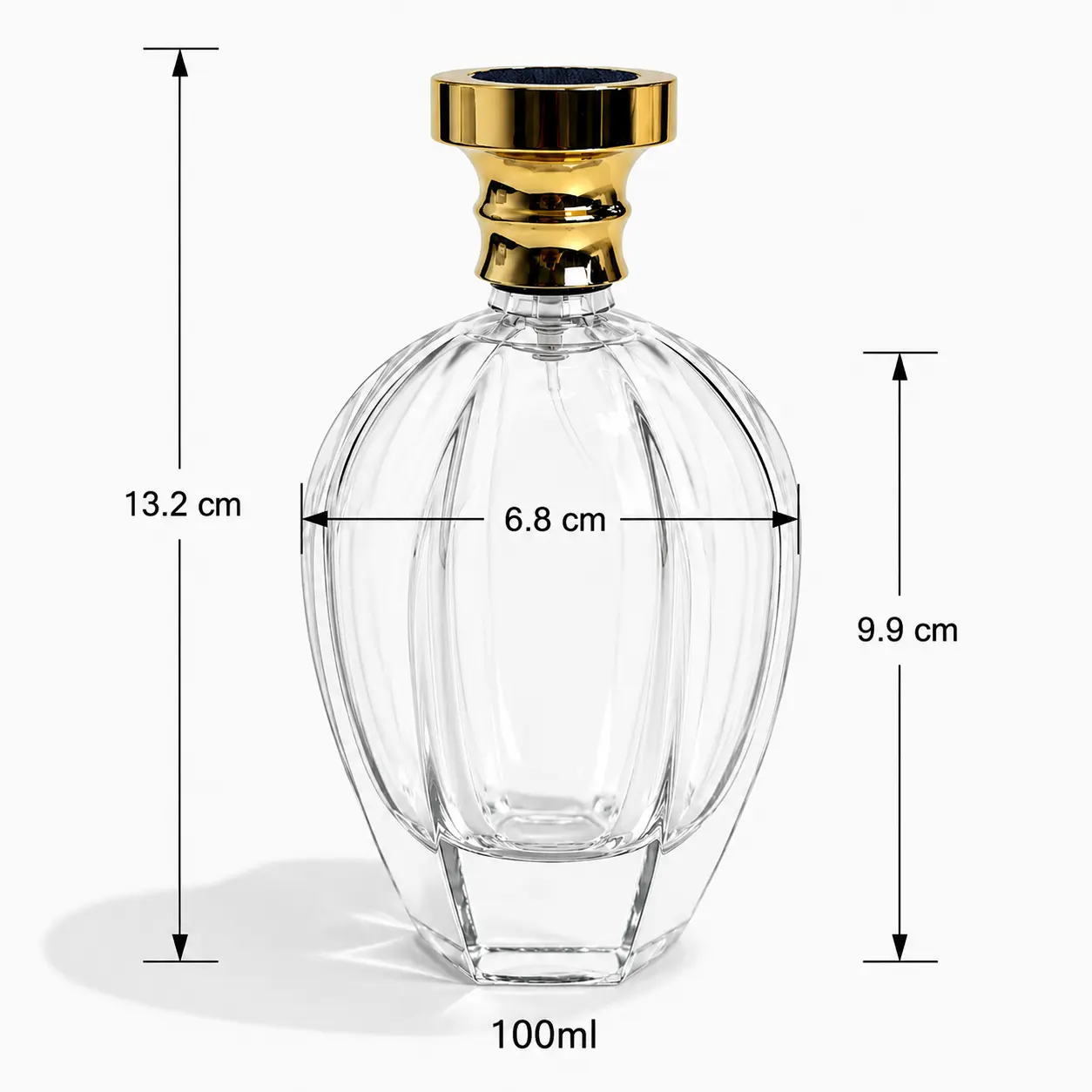 100ml Ribbed Glass Perfume Bottle Dimensions Dimension reference for 100ml ribbed glass perfume bottle showing 13.2 cm overall height and 6.8 cm width