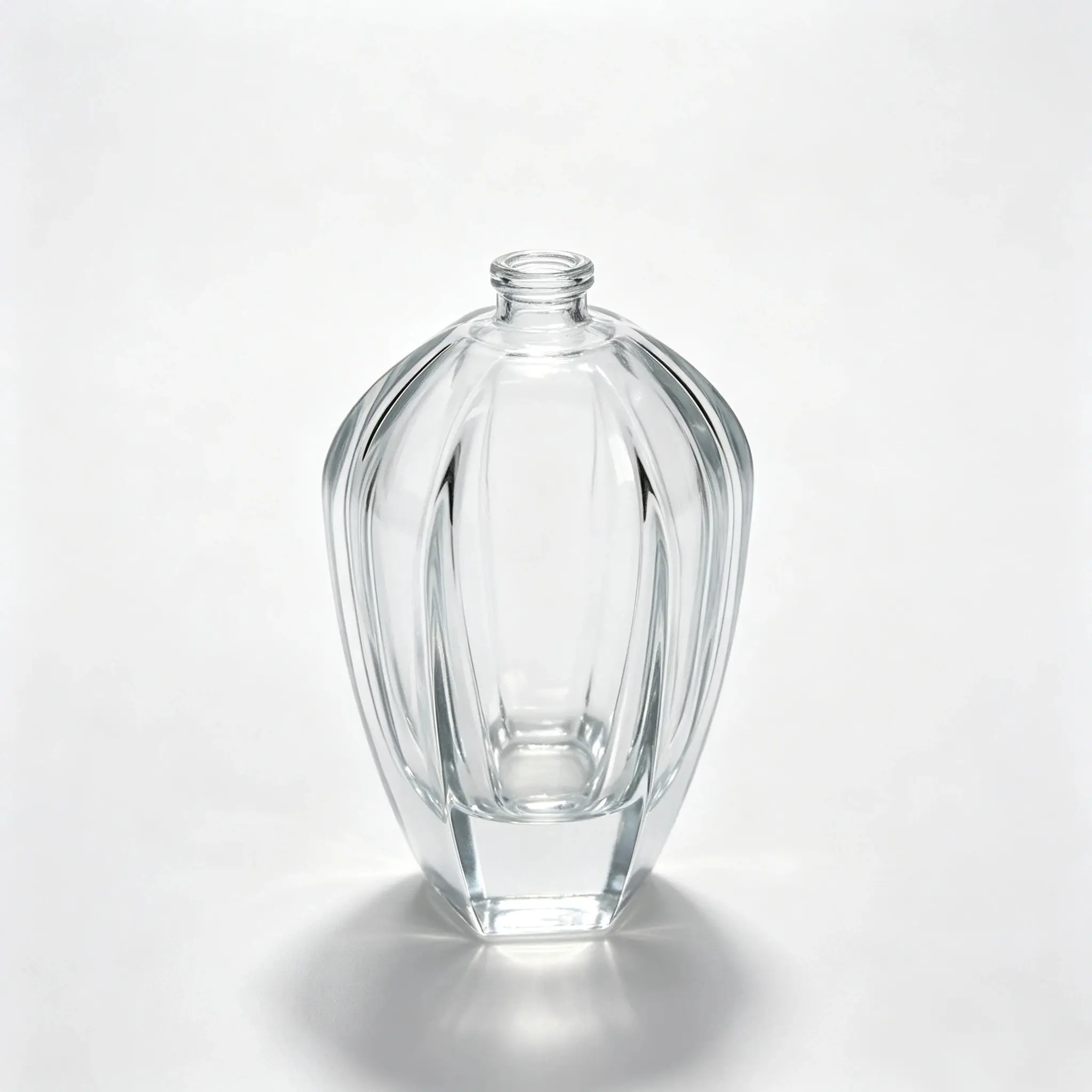 100ml Ribbed Glass Bottle - Uncapped Front View Front view of 100ml ribbed clear glass perfume bottle without cap or sprayer