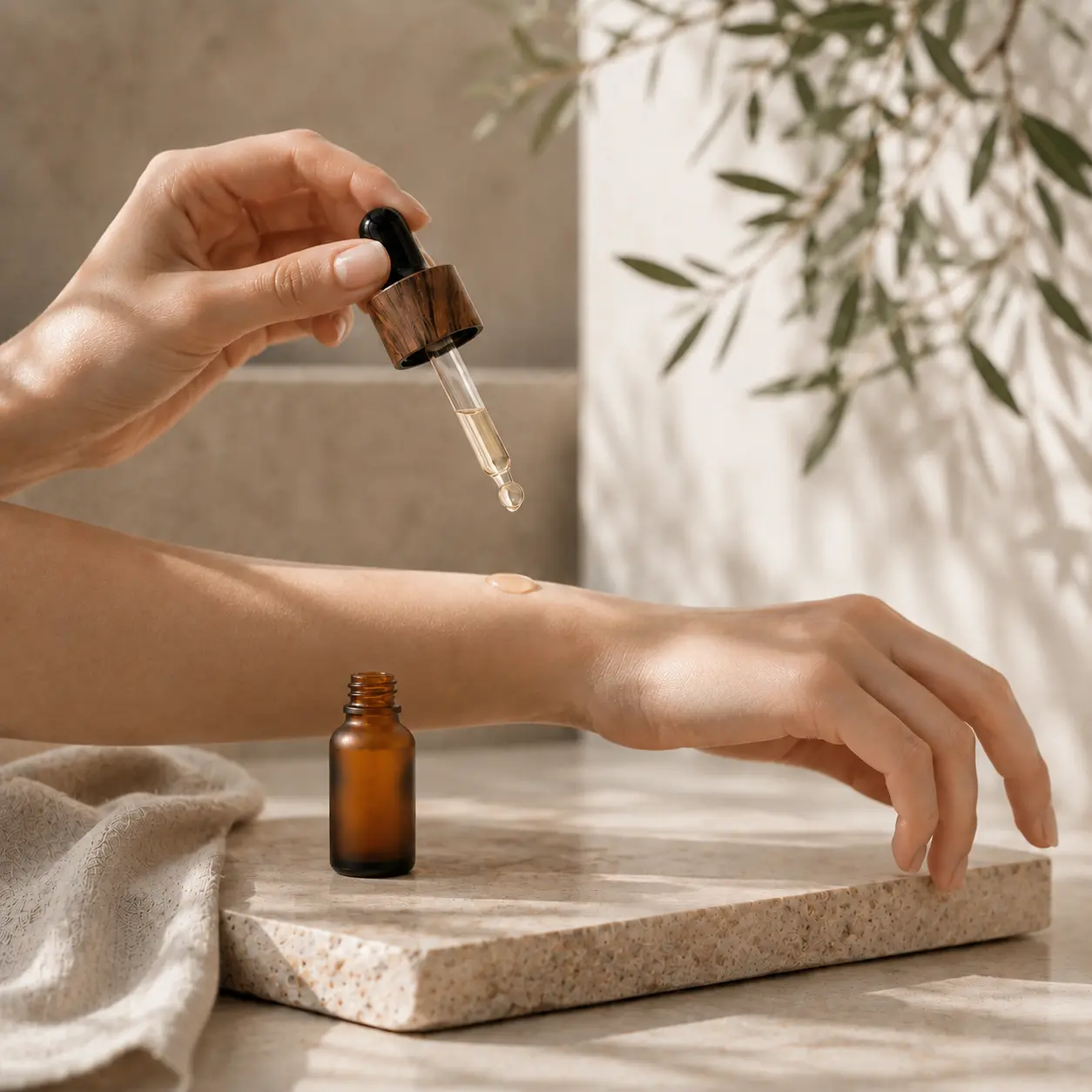 15ml Serum Dropper Bottle Usage Scene 15ml serum dropper bottle shown dispensing product during a skincare application.