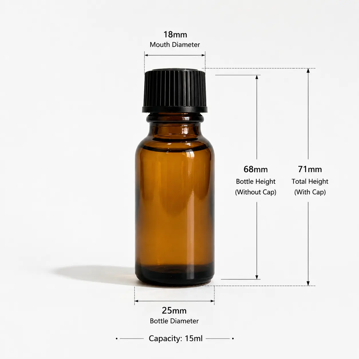 15ml Euro Dropper Essential Oil Bottle Dimensions 15ml Euro dropper essential oil bottle dimension diagram showing the 25 × 25 × 71 mm capped size and 68 mm bottle height