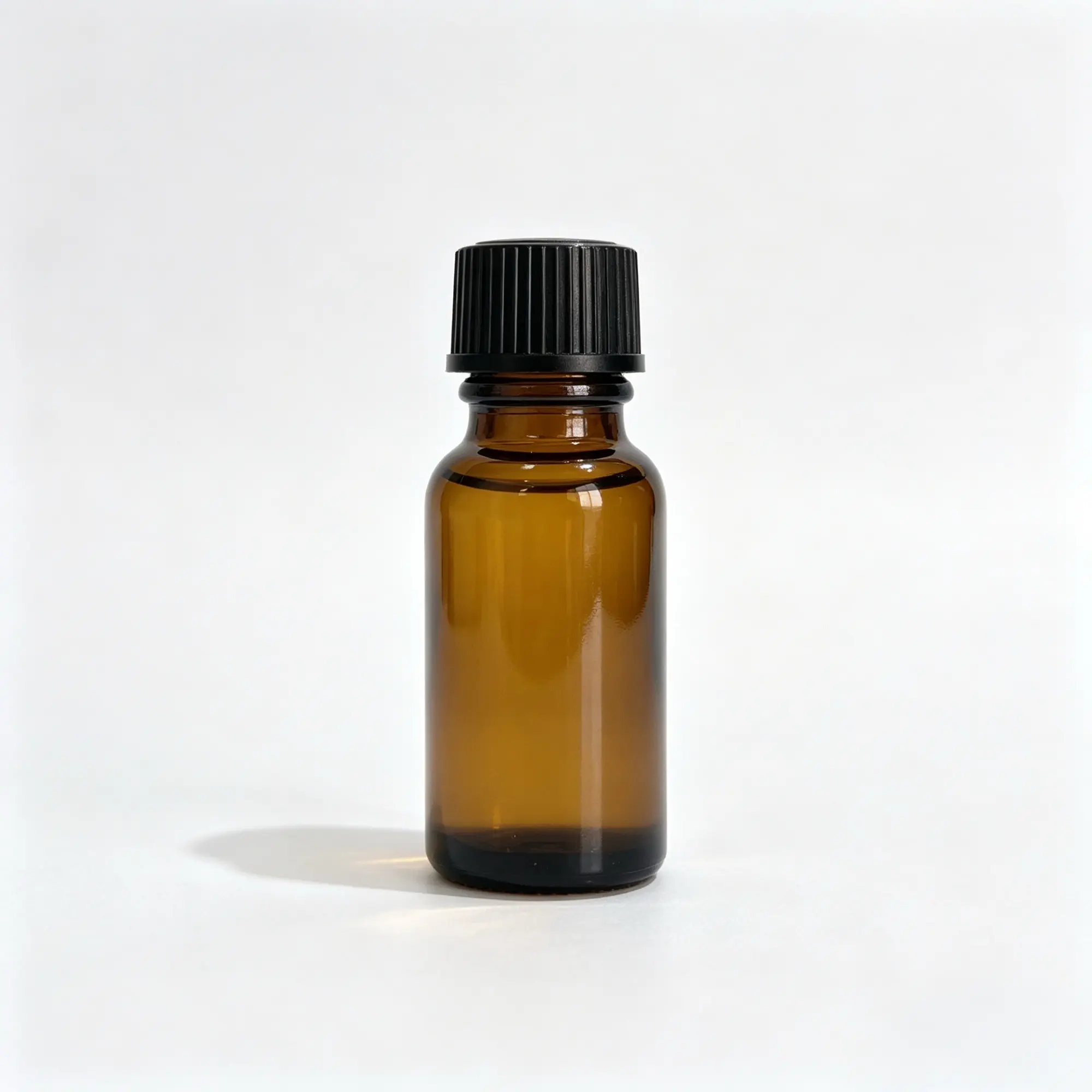 15ml Euro Dropper Essential Oil Bottle Front View Front view of the 15ml Euro dropper essential oil bottle with a black flat screw cap