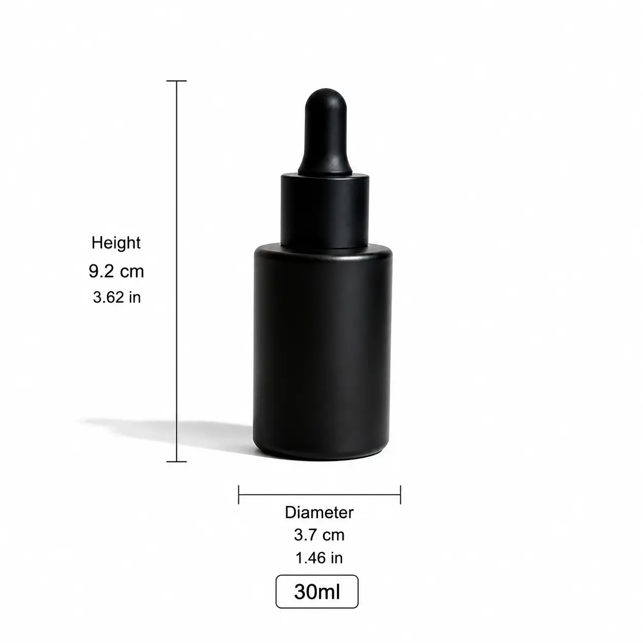 30ml Essential Oil Dropper Bottle Dimensions and Capacity 30ml essential oil dropper bottle dimension diagram showing the bottle measurements and stated capacity for packaging evaluation