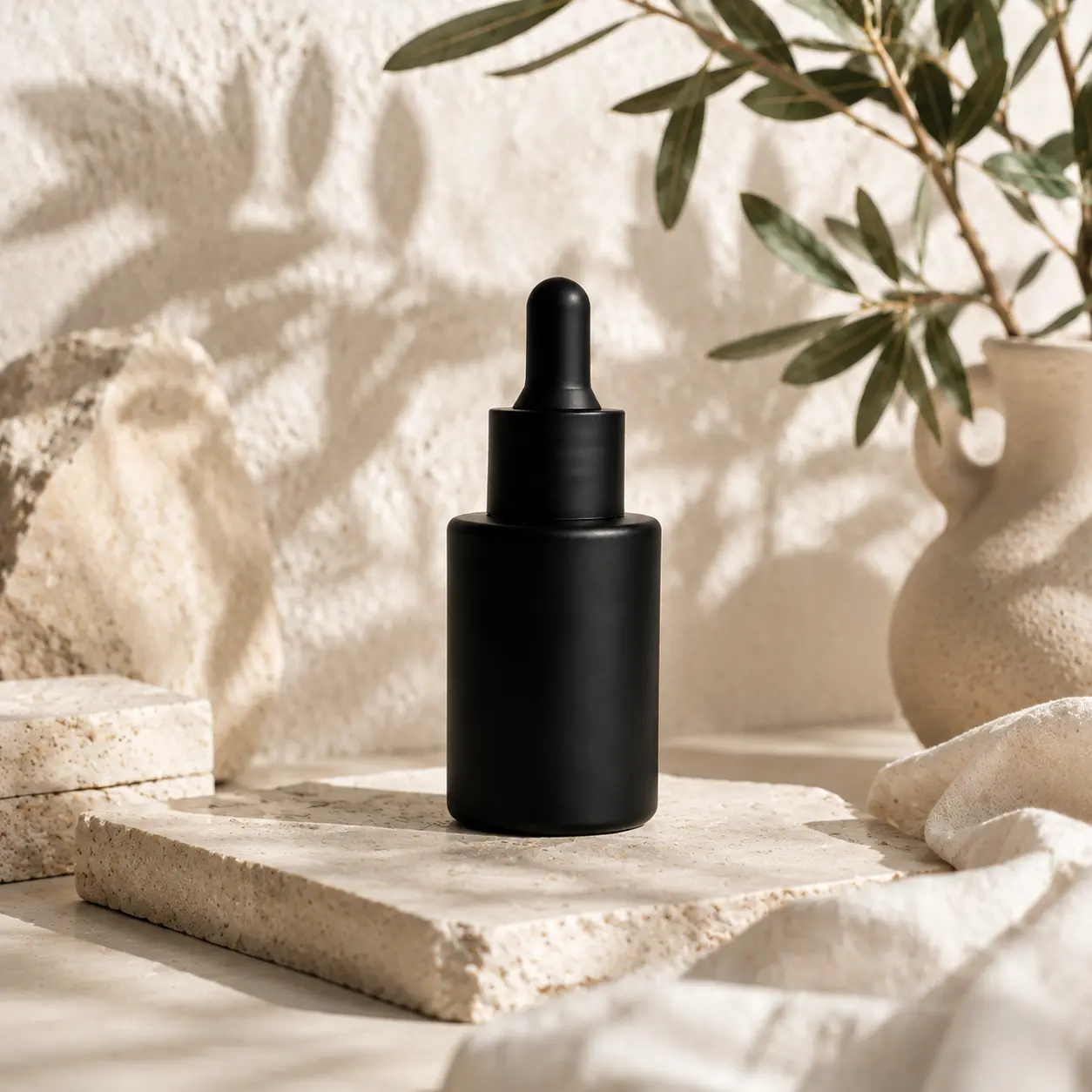 30ml Essential Oil Dropper Bottle Filled Product Display Matte black 30ml essential oil dropper bottle filled with liquid and presented in a styled product setting