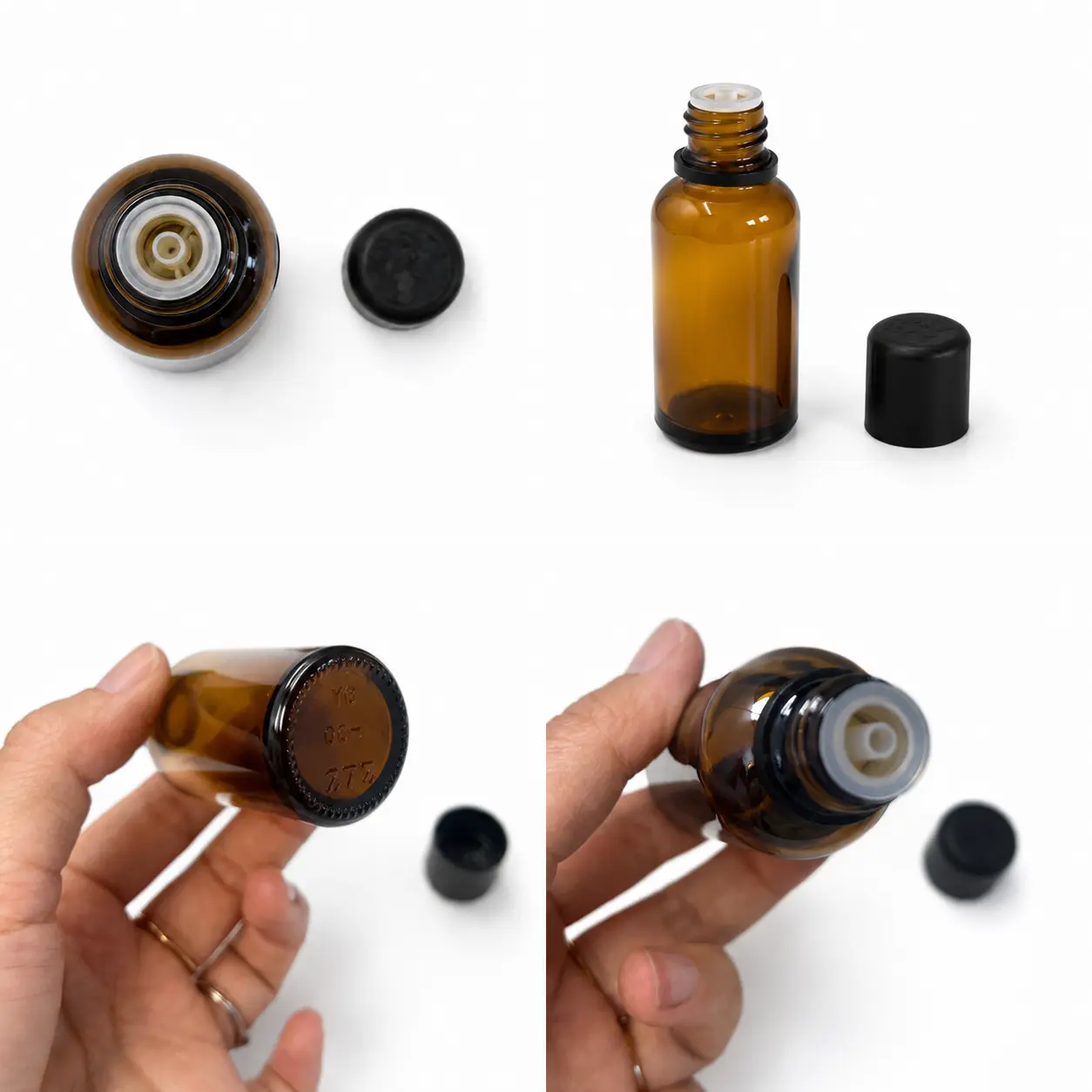 Combined detail views of the 30ml Euro dropper essential oil bottle showing its body profile and component arrangement