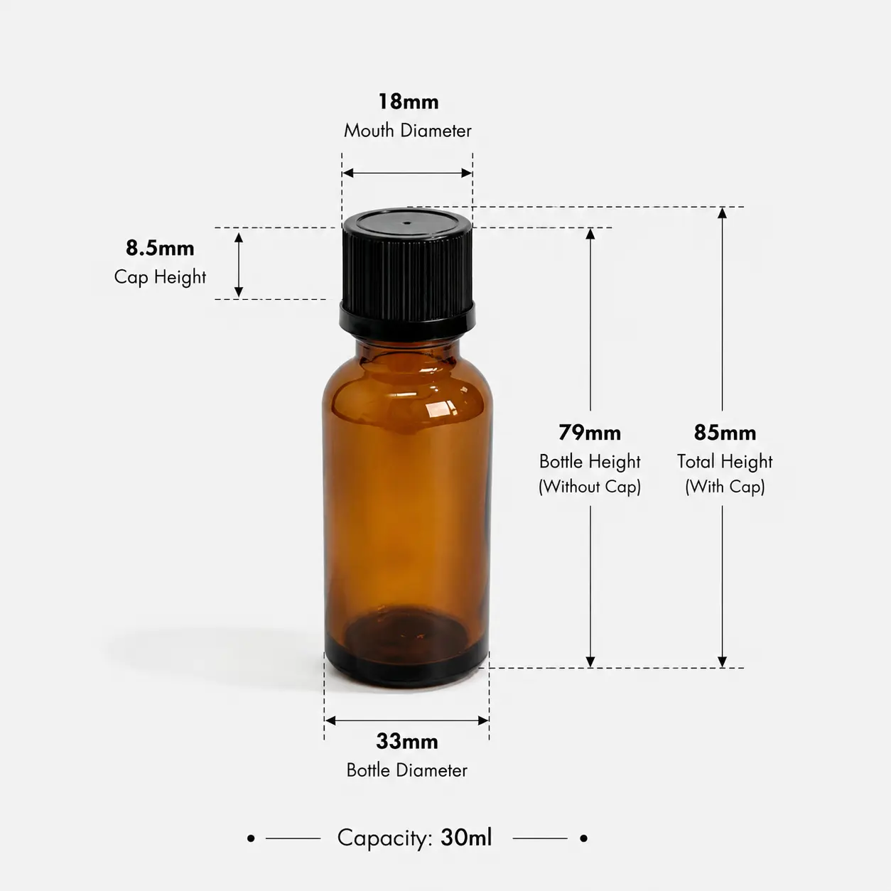 30ml Euro dropper essential oil bottle dimension diagram showing 33 × 33 × 85 mm with the black screw cap and 79 mm without the cap