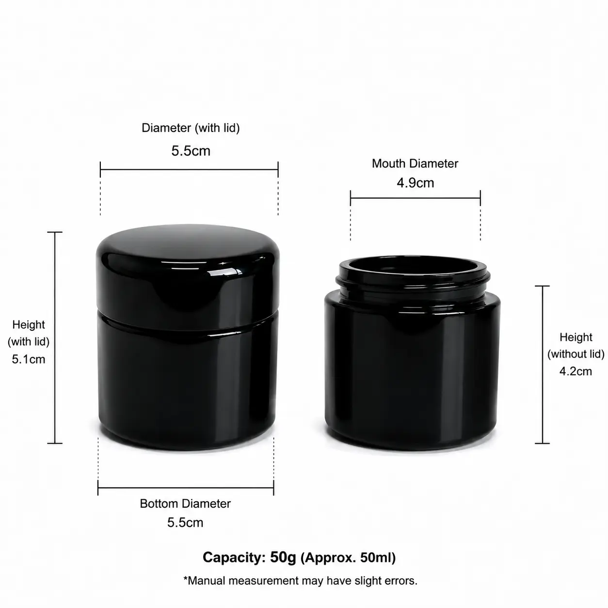 50g Glass Cosmetic Jar Dimensions and Capacity 50g glass cosmetic jar dimensions showing a 49 mm opening diameter, 55 mm bottom diameter, and 51 mm overall height including cap.
