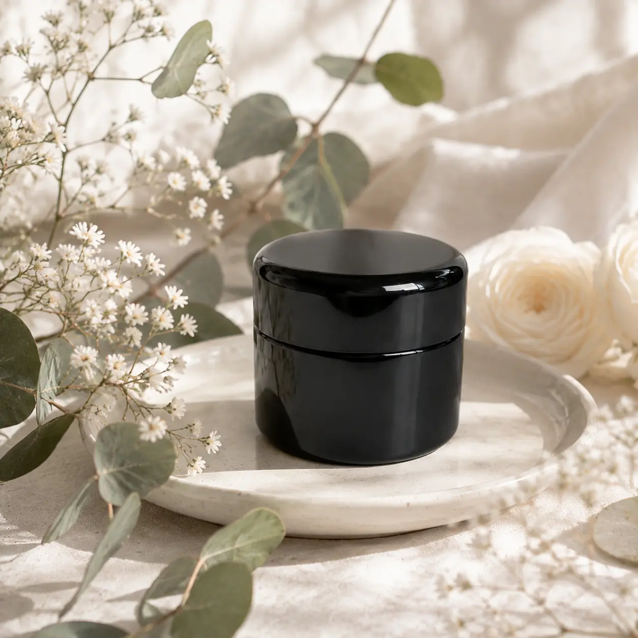 50g Glass Cosmetic Jar Front Scene 50g glass cosmetic jar shown upright in a complete front presentation scene for skincare packaging.
