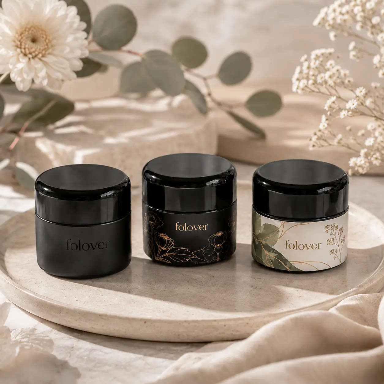 50g Glass Cosmetic Jar Printing Color Reference 50g glass cosmetic jars displaying different printing and surface color options for custom packaging reference.